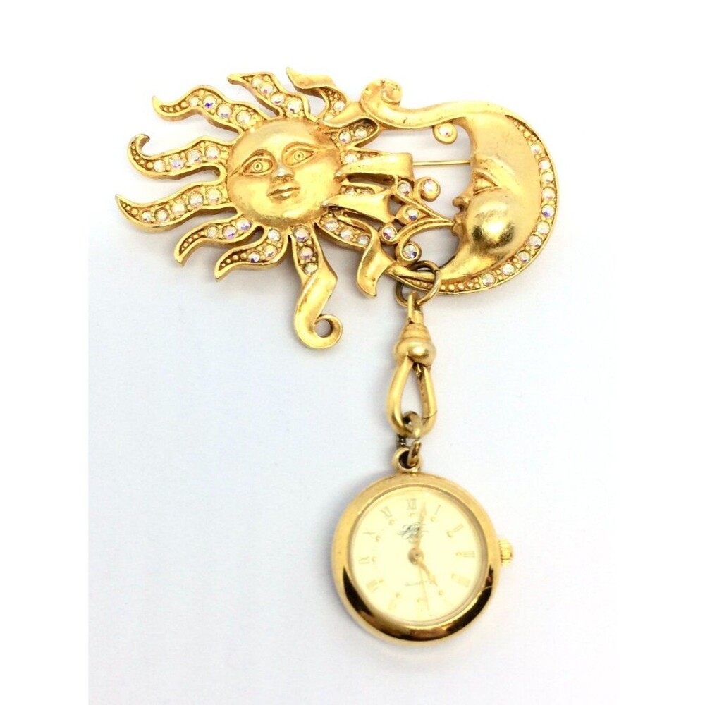 VINTAGE KIRKS FOLLY Sun Moon Brooch Watch Rhinestone Gold Tone Dangling